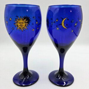 Libby Cobalt Blue Celestial Sun Glass Goblets Vintage Moon Stars Lot Of 2 Read